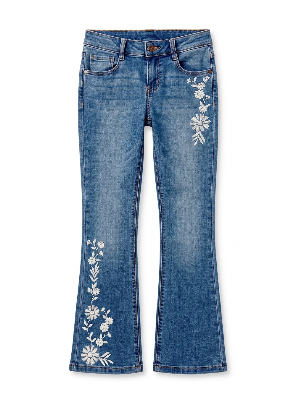 Squeeze Girls Size 8 Flare Jeans Floral Embroidered Medium Wash Denim NWT
